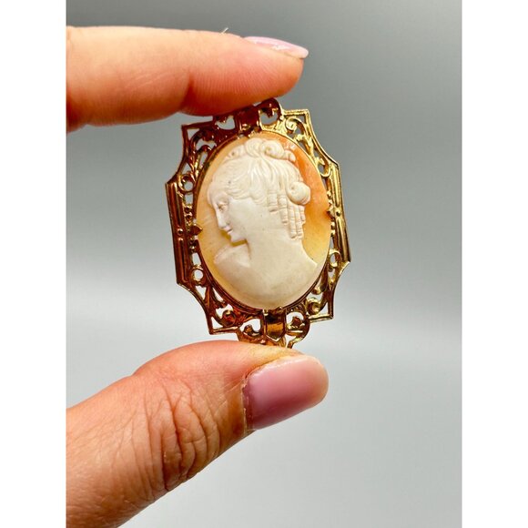Vintage Cameo Pin Brooch Left Facing Genuine Carved Shell Art Deco Frame Setting - Picture 10 of 10